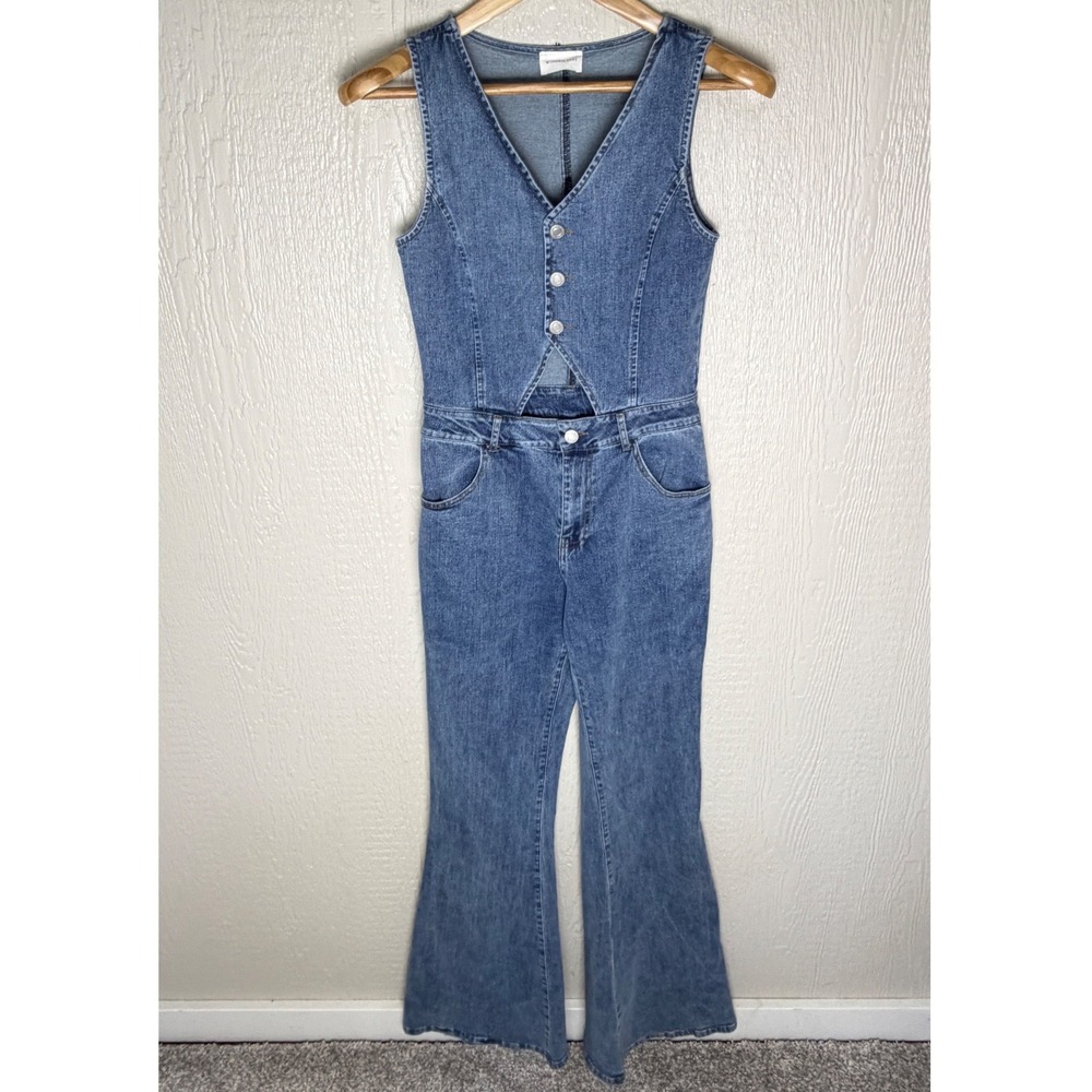 Wisteria Lane Denim Jumpsuit Medium Wash Flare Leg Vest Top Cutout Blue Medium
